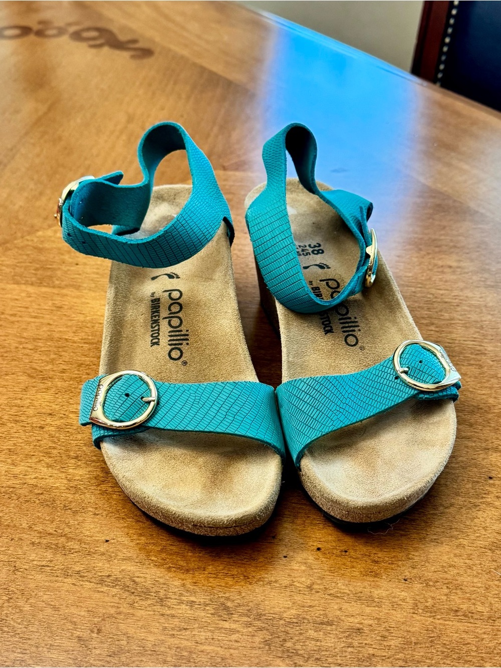 Birkenstock Teal Adjustable Ankle-Strap Sandals with Gold Buckles